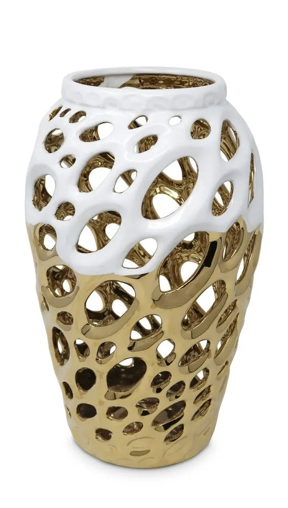 13" Gold And White Pierced Urn Porcelain Table Vase With Sculptural Details - NOBLE HOME INTERIORS