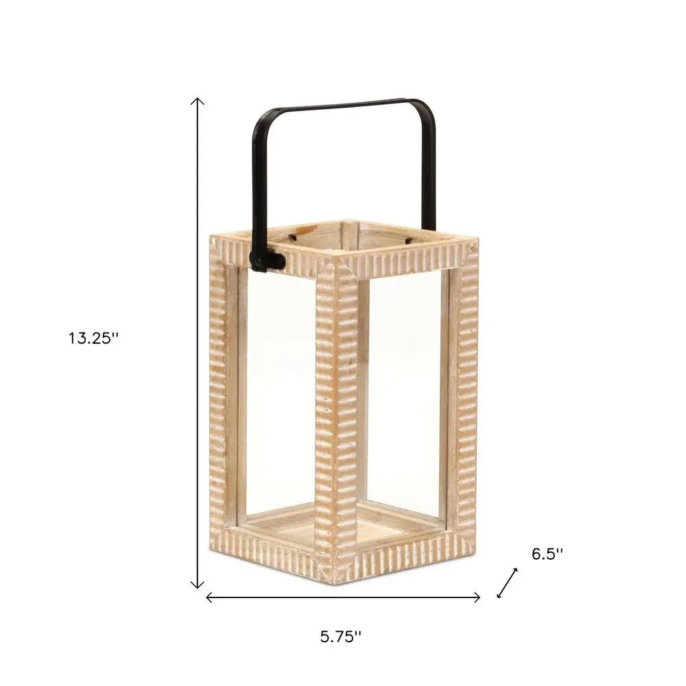 13" Natural Distressed Geometric Solid Wood Tabletop Lantern Candle Holder HomeRoots