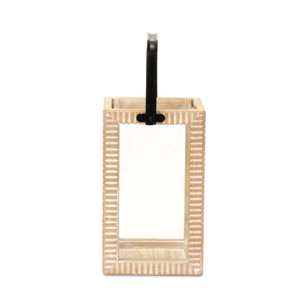 13" Natural Distressed Geometric Solid Wood Tabletop Lantern Candle Holder HomeRoots