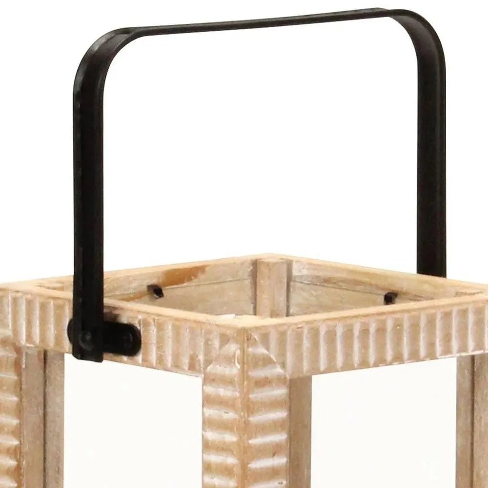 13" Natural Distressed Geometric Solid Wood Tabletop Lantern Candle Holder HomeRoots