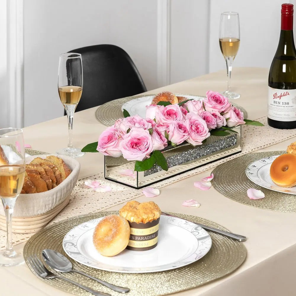 13" Silver Crystal And Mirrored Glass Table Vase With Crystals - NOBLE HOME INTERIORS