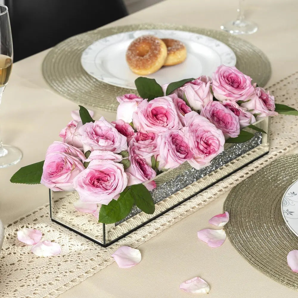 13" Silver Crystal And Mirrored Glass Table Vase With Crystals - NOBLE HOME INTERIORS