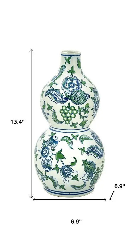 13" White Blue And Green Chinoiserie Porcelain Wavy Gourd Table Vase - NOBLE HOME INTERIORS