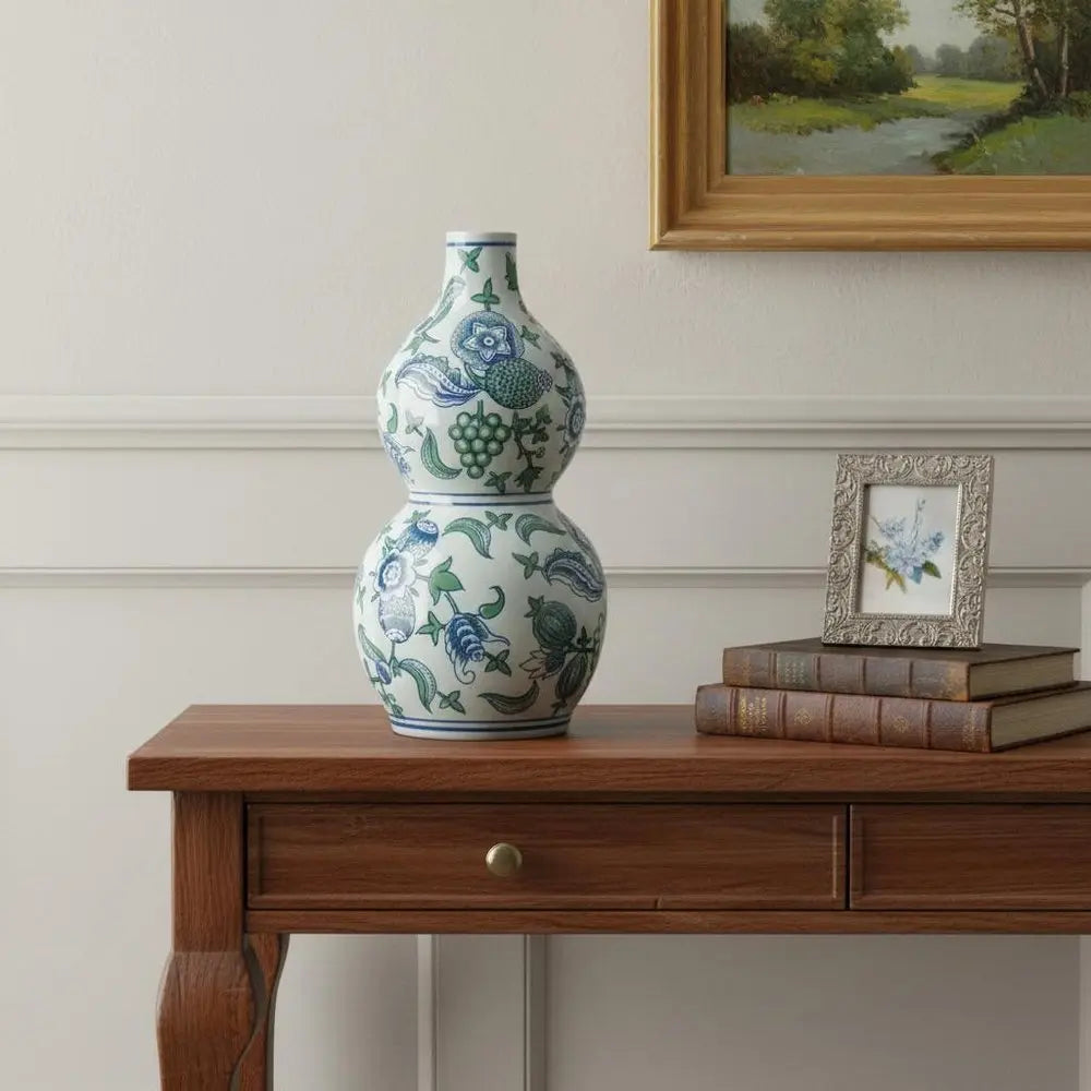 13" White Blue And Green Chinoiserie Porcelain Wavy Gourd Table Vase - NOBLE HOME INTERIORS
