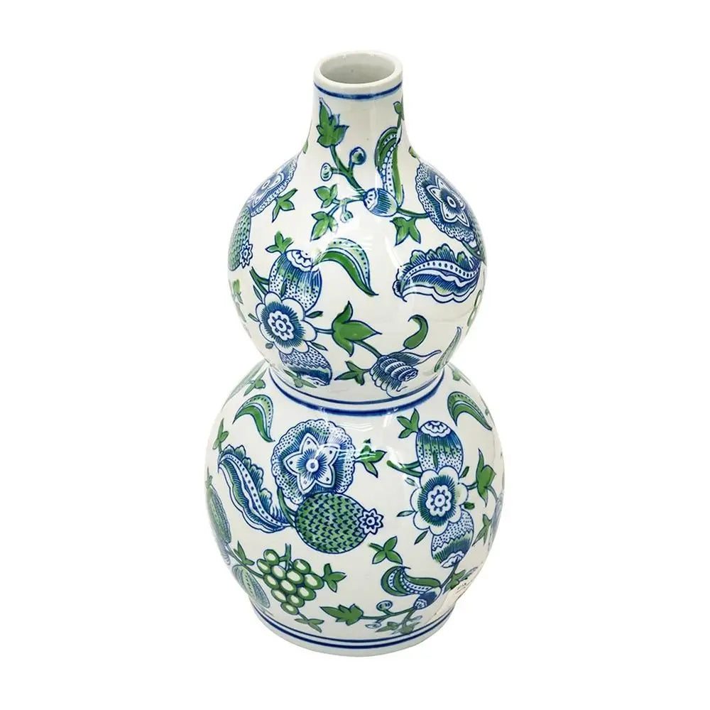 13" White Blue And Green Chinoiserie Porcelain Wavy Gourd Table Vase - NOBLE HOME INTERIORS