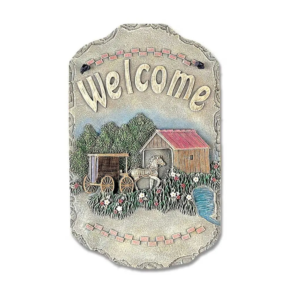 13" X 8" Gray Cream And Green Resin Horse Welcome Sign Wall Decor - NOBLE HOME INTERIORS