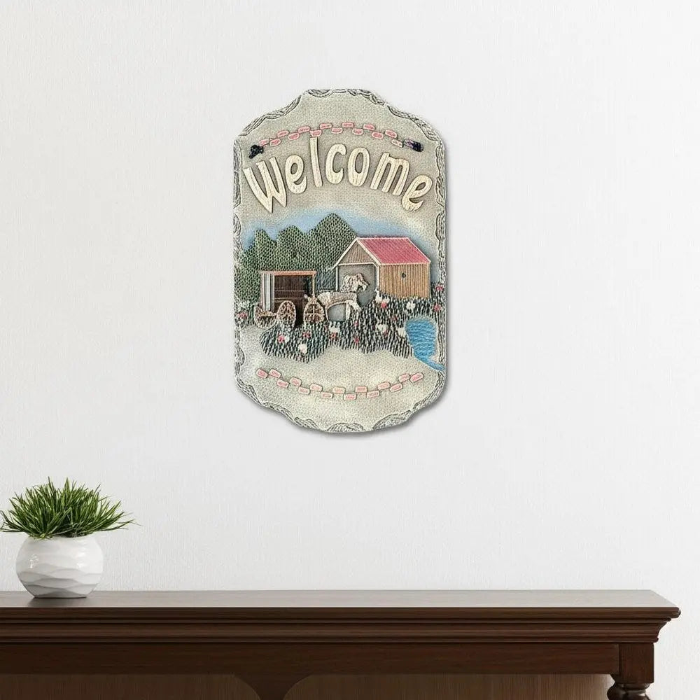 13" X 8" Gray Cream And Green Resin Horse Welcome Sign Wall Decor - NOBLE HOME INTERIORS