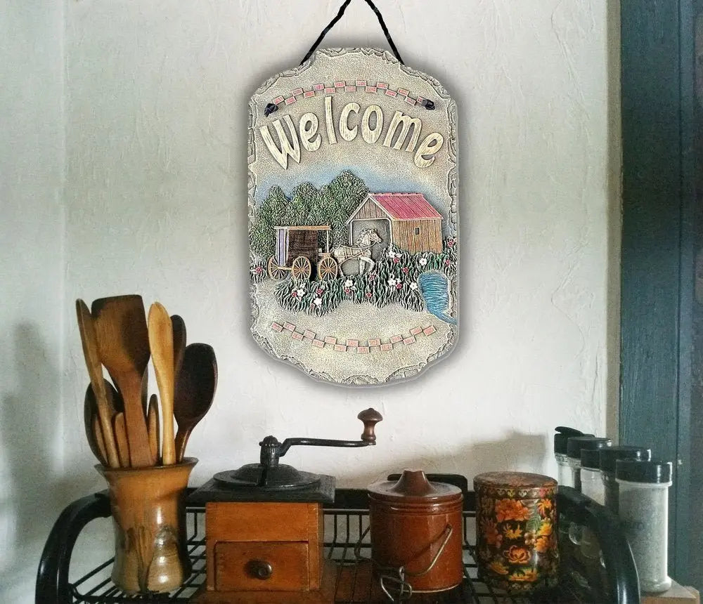 13" X 8" Gray Cream And Green Resin Horse Welcome Sign Wall Decor - NOBLE HOME INTERIORS