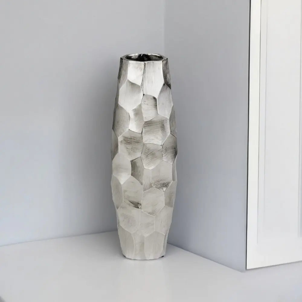 14" Aluminum Silver Faceted Geometric Cylinder Table Vase - NOBLE HOME INTERIORS