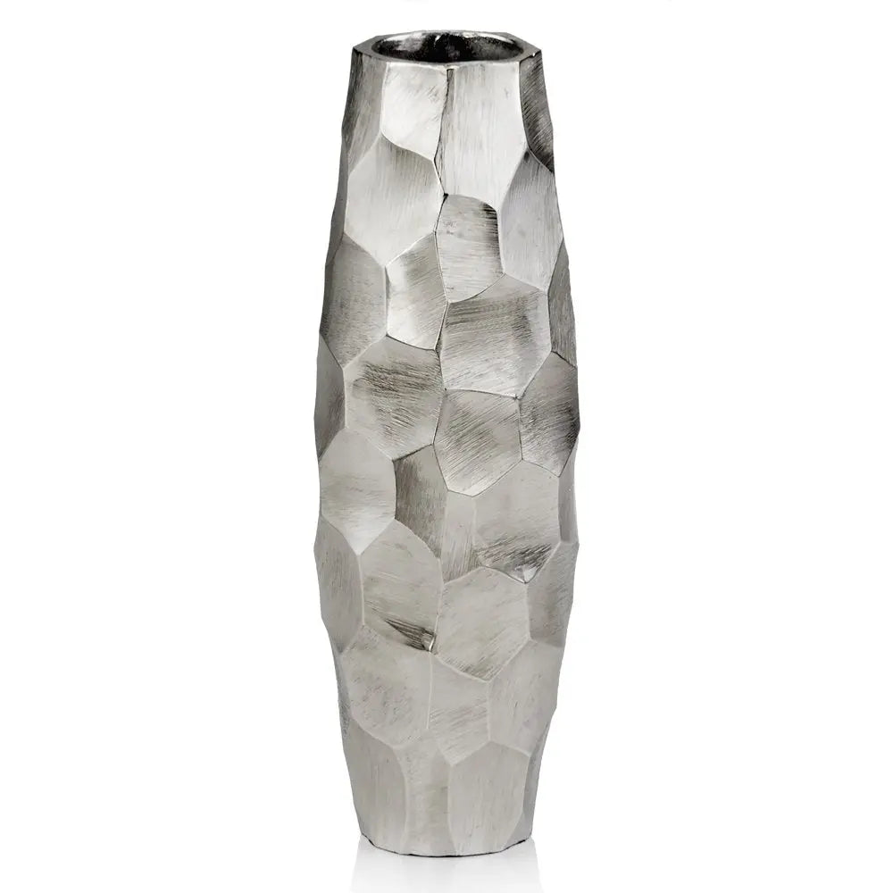 14" Aluminum Silver Faceted Geometric Cylinder Table Vase - NOBLE HOME INTERIORS
