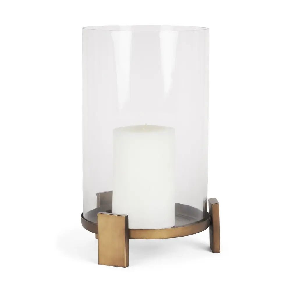 14" Antiqued Gold Geometric Glass And Metal Tabletop Hurricane Candle Holder HomeRoots