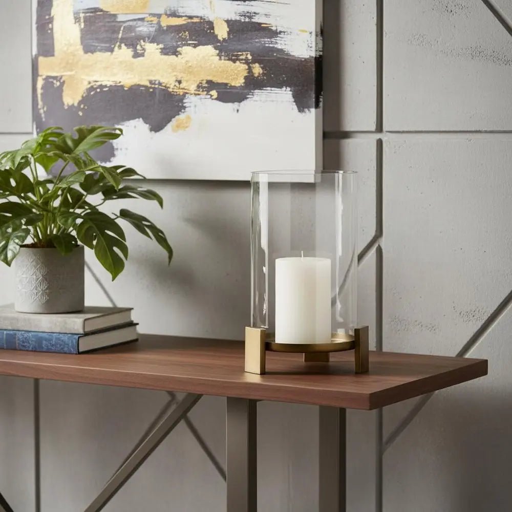 14" Antiqued Gold Geometric Glass And Metal Tabletop Hurricane Candle Holder HomeRoots