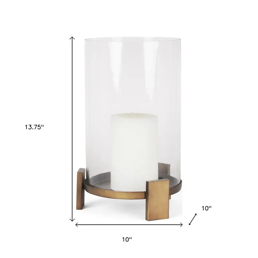 14" Antiqued Gold Geometric Glass And Metal Tabletop Hurricane Candle Holder HomeRoots