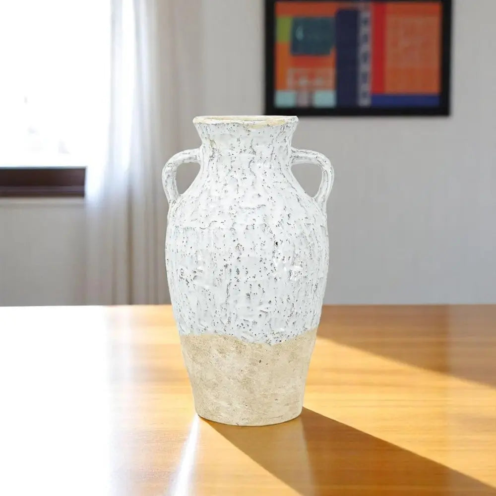 14" Beige And Ivory Color Block Amphora Terracotta Table Vase - NOBLE HOME INTERIORS