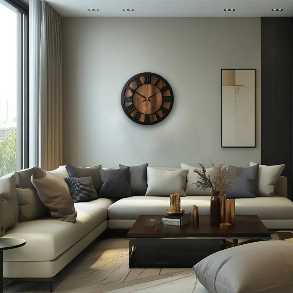 14" Black And Brown Solid Wood Silent Analog Round Wall Clock - NOVA HOME FURNITURE