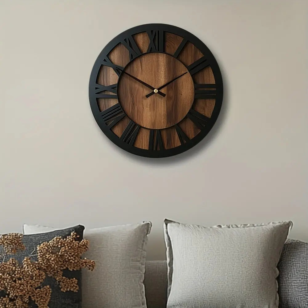 14" Black And Brown Solid Wood Silent Analog Round Wall Clock - NOVA HOME FURNITURE