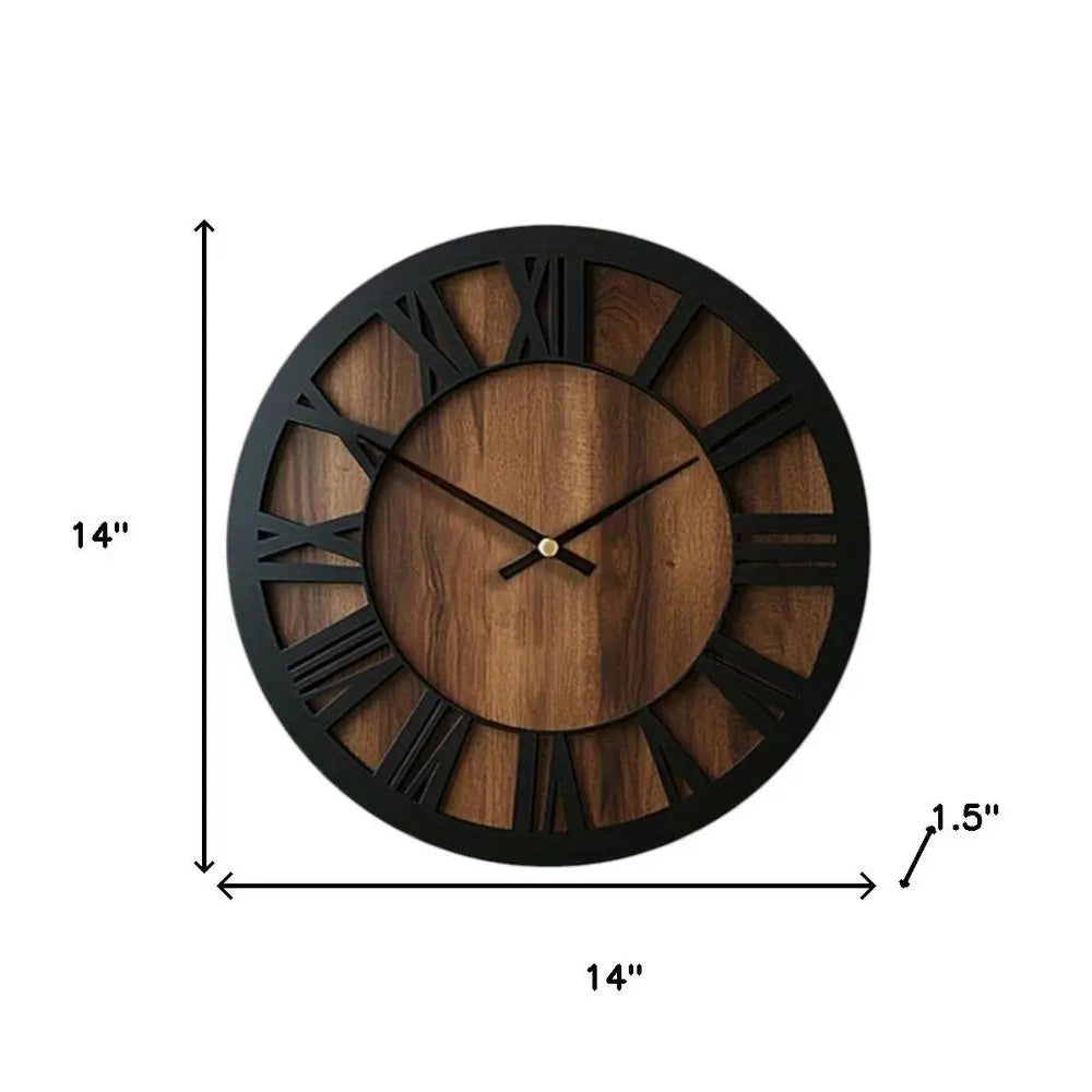 14" Black And Brown Solid Wood Silent Analog Round Wall Clock - NOVA HOME FURNITURE