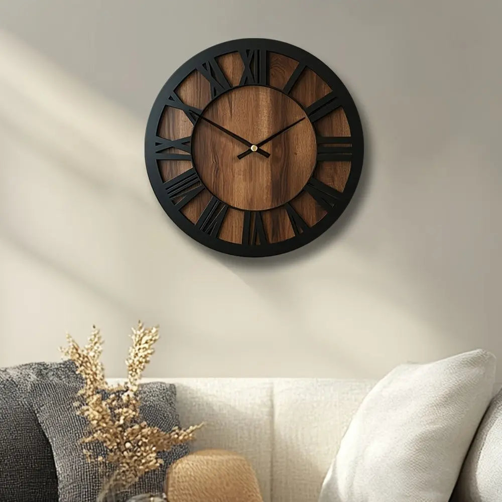 14" Black And Brown Solid Wood Silent Analog Round Wall Clock - NOVA HOME FURNITURE