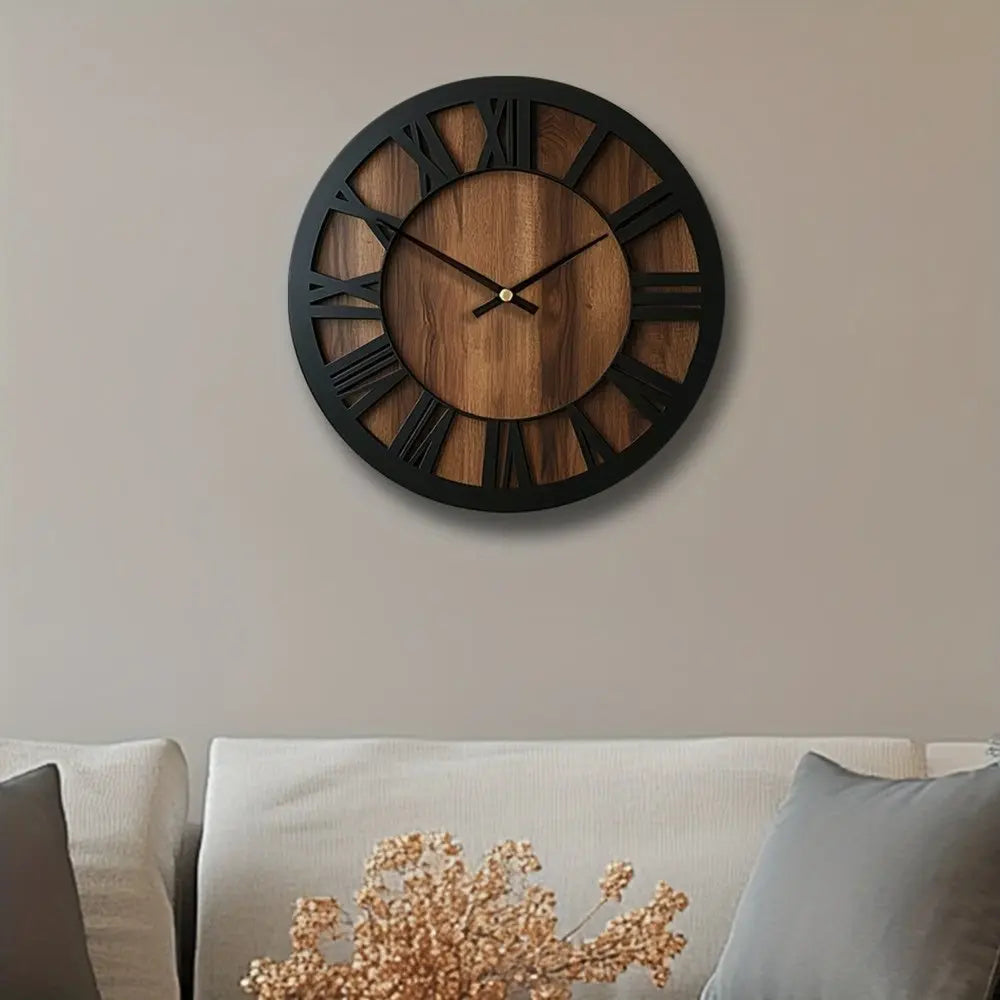 14" Black And Brown Solid Wood Silent Analog Round Wall Clock - NOVA HOME FURNITURE
