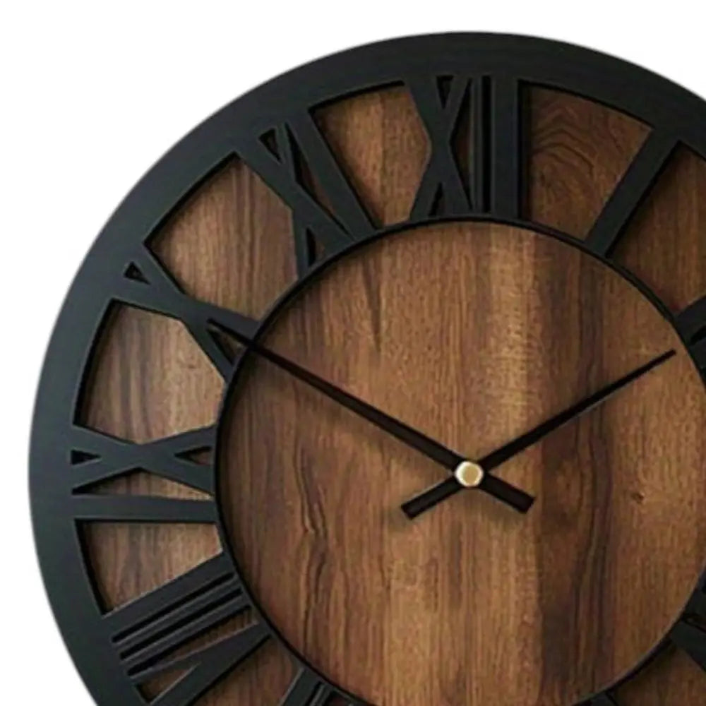 14" Black And Brown Solid Wood Silent Analog Round Wall Clock - NOVA HOME FURNITURE