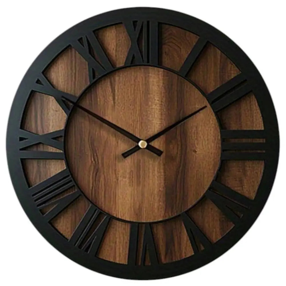 14" Black And Brown Solid Wood Silent Analog Round Wall Clock - NOVA HOME FURNITURE