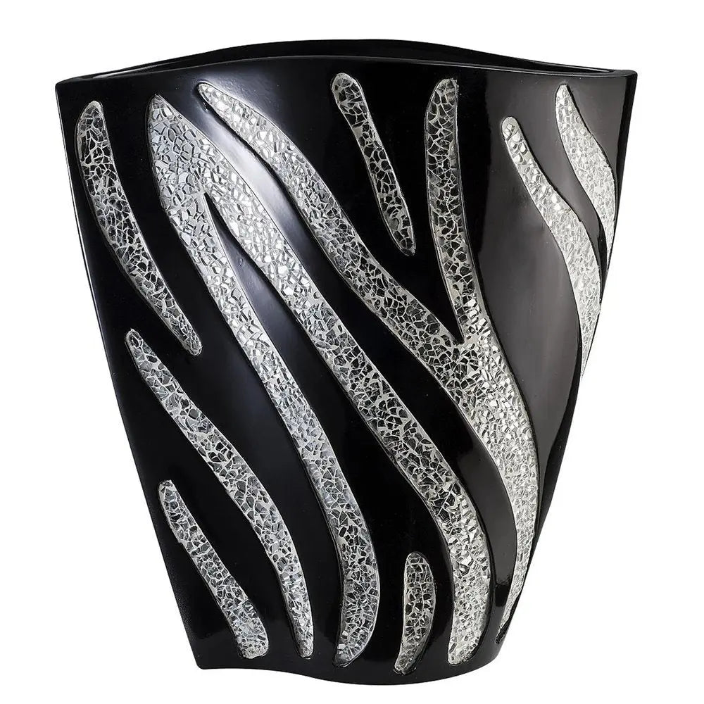 14" Black And Silver Striped Wavy Polyresin Table Vase - NOBLE HOME INTERIORS