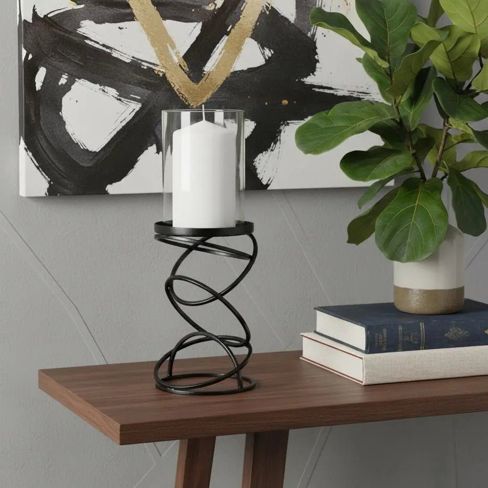 14" Black Geometric Glass And Metal Tabletop Pillar Candle Holder HomeRoots