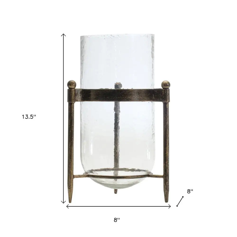 14" Bronze And Clear Glass And Metal Tabletop Hurricane Candle Holder - NOVA HOME FURNITURE