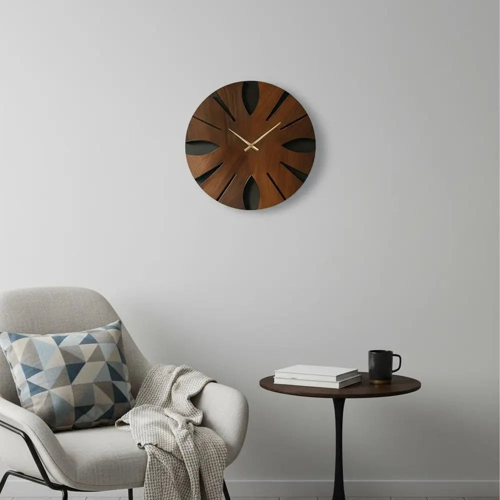 14" Brown Solid Wood Silent Analog Abstract Round Wall Clock - NOBLE HOME INTERIORS