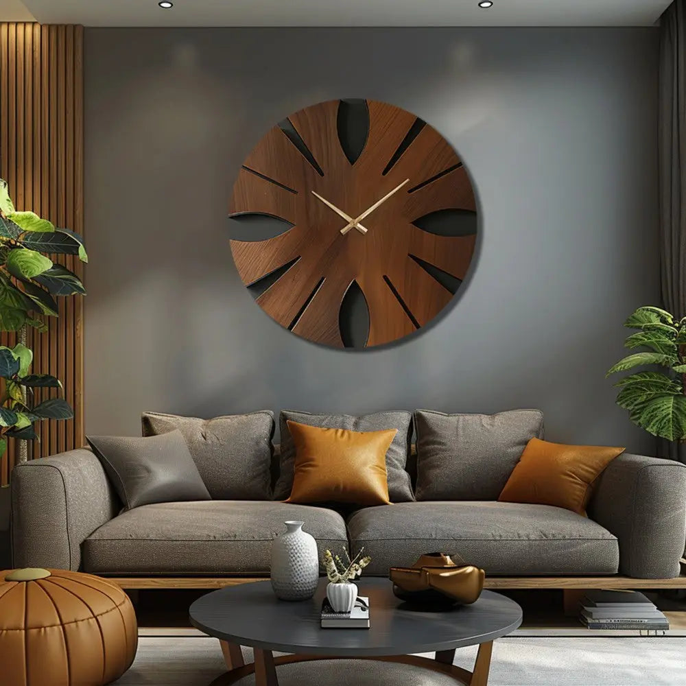 14" Brown Solid Wood Silent Analog Abstract Round Wall Clock - NOBLE HOME INTERIORS