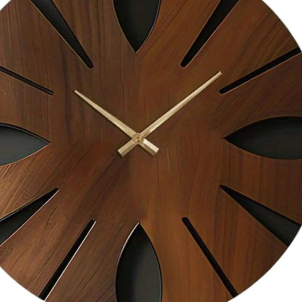 14" Brown Solid Wood Silent Analog Abstract Round Wall Clock - NOBLE HOME INTERIORS