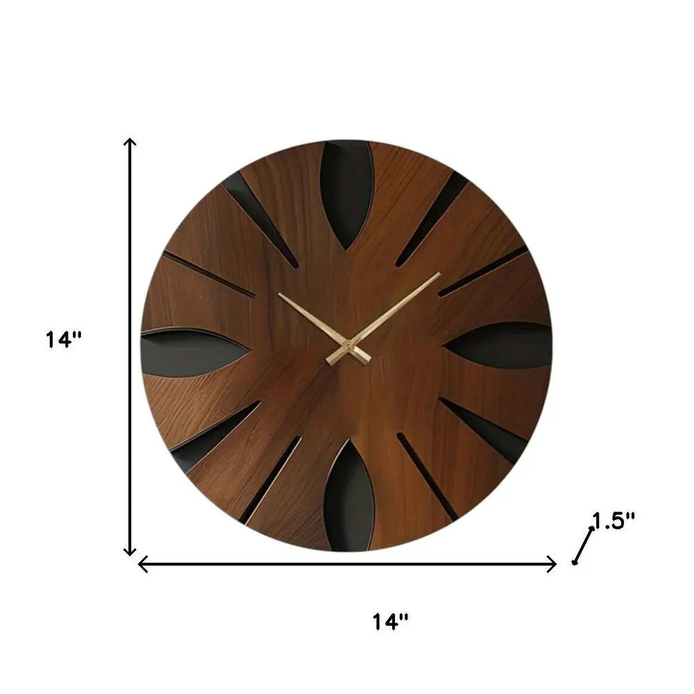 14" Brown Solid Wood Silent Analog Abstract Round Wall Clock - NOBLE HOME INTERIORS