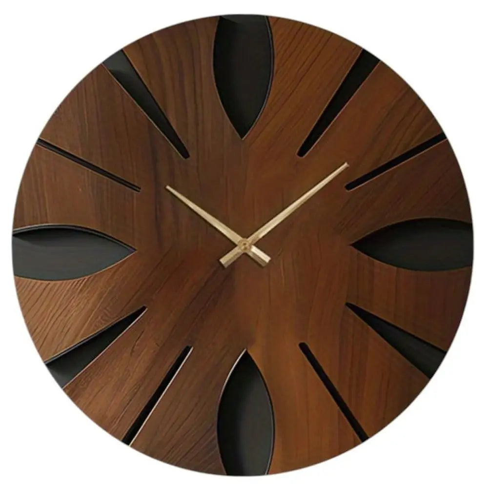 14" Brown Solid Wood Silent Analog Abstract Round Wall Clock - NOBLE HOME INTERIORS