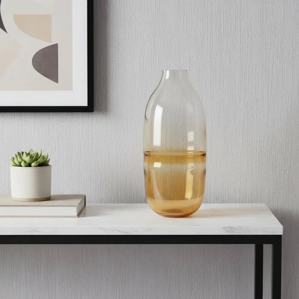 14" Clear And Amber Ombre Glass Round Table Vase - NOBLE HOME INTERIORS