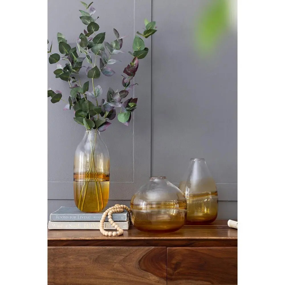 14" Clear And Amber Ombre Glass Round Table Vase - NOBLE HOME INTERIORS