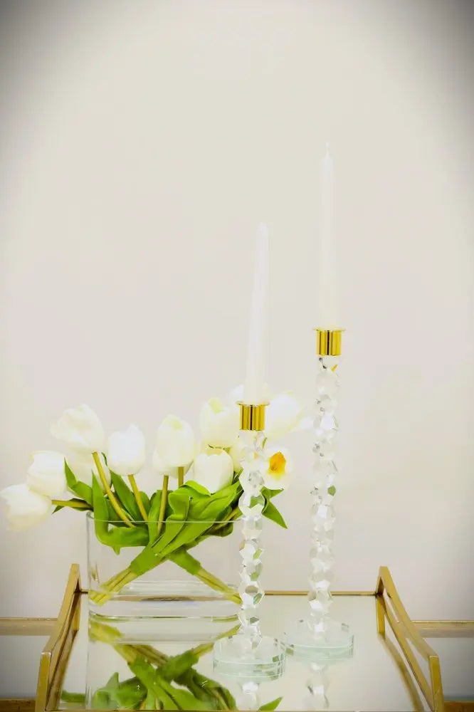 14" Clear And Gold Geo Stacks Crystal Tabletop Taper Candlestick - NOBLE HOME INTERIORS