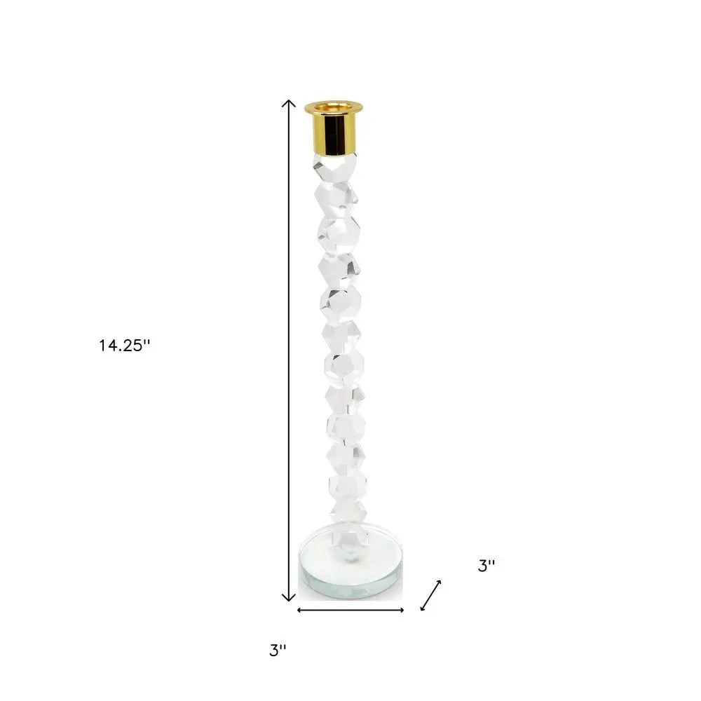 14" Clear And Gold Geo Stacks Crystal Tabletop Taper Candlestick - NOBLE HOME INTERIORS