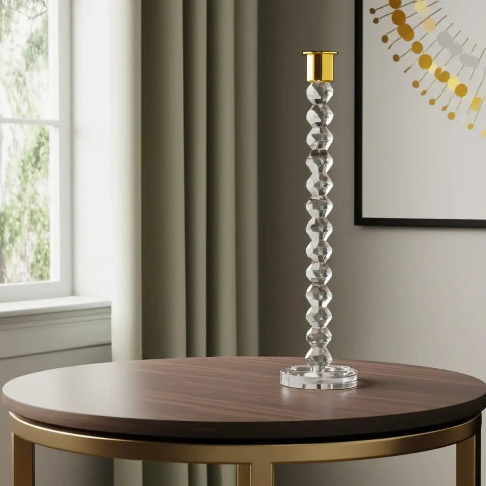 14" Clear And Gold Geo Stacks Crystal Tabletop Taper Candlestick - NOBLE HOME INTERIORS