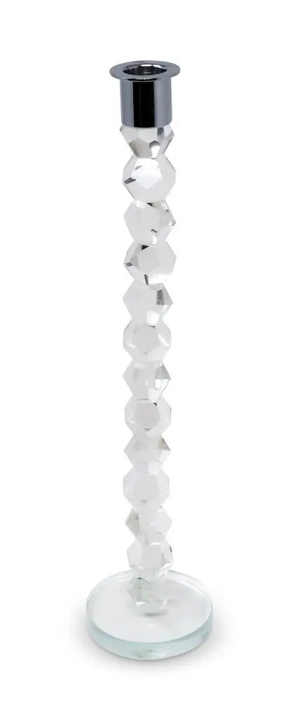 14" Clear And Silver Geo Stacks Crystal Tabletop Taper Candlestick - NOBLE HOME INTERIORS