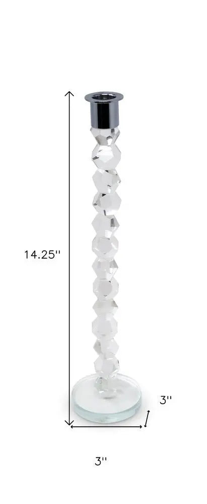 14" Clear And Silver Geo Stacks Crystal Tabletop Taper Candlestick - NOBLE HOME INTERIORS