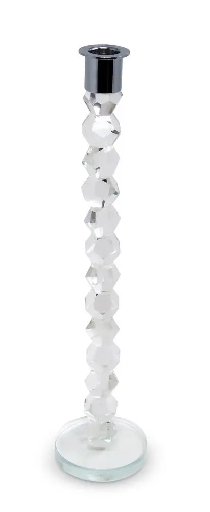14" Clear And Silver Geo Stacks Crystal Tabletop Taper Candlestick - NOBLE HOME INTERIORS