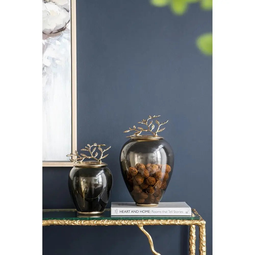 14" Dark Green And Gold Glass And Metal Round Ginger Jar - NOBLE HOME INTERIORS