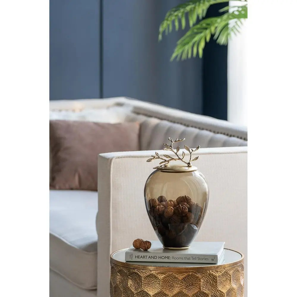 14" Dark Green And Gold Glass And Metal Round Ginger Jar - NOBLE HOME INTERIORS