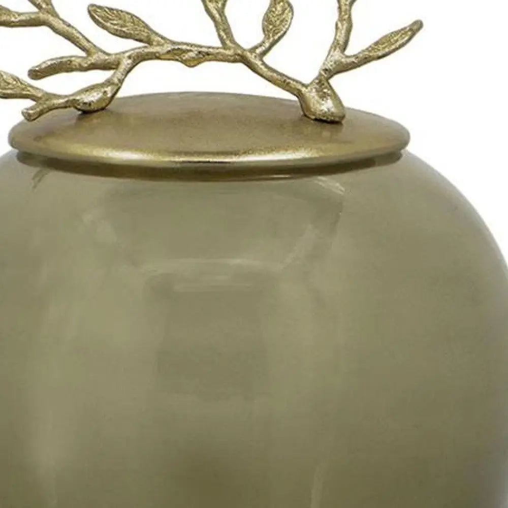 14" Dark Green And Gold Glass And Metal Round Ginger Jar - NOBLE HOME INTERIORS