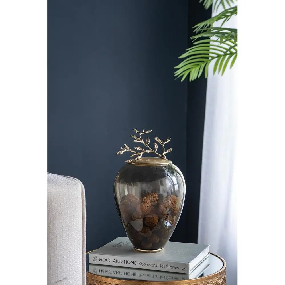 14" Dark Green And Gold Glass And Metal Round Ginger Jar - NOBLE HOME INTERIORS