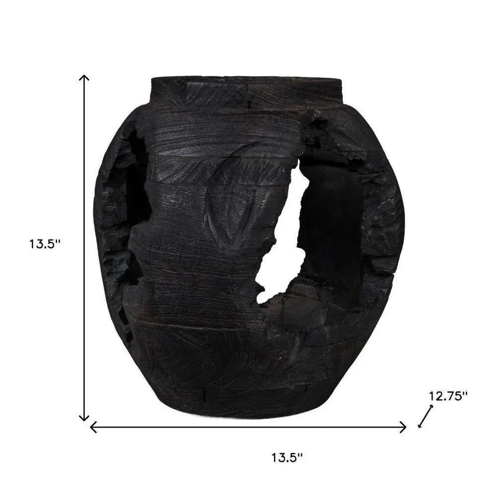 14" Ebony And Black Abstract Solid Wood Table Vase With Sculptural Details - NOBLE HOME INTERIORS