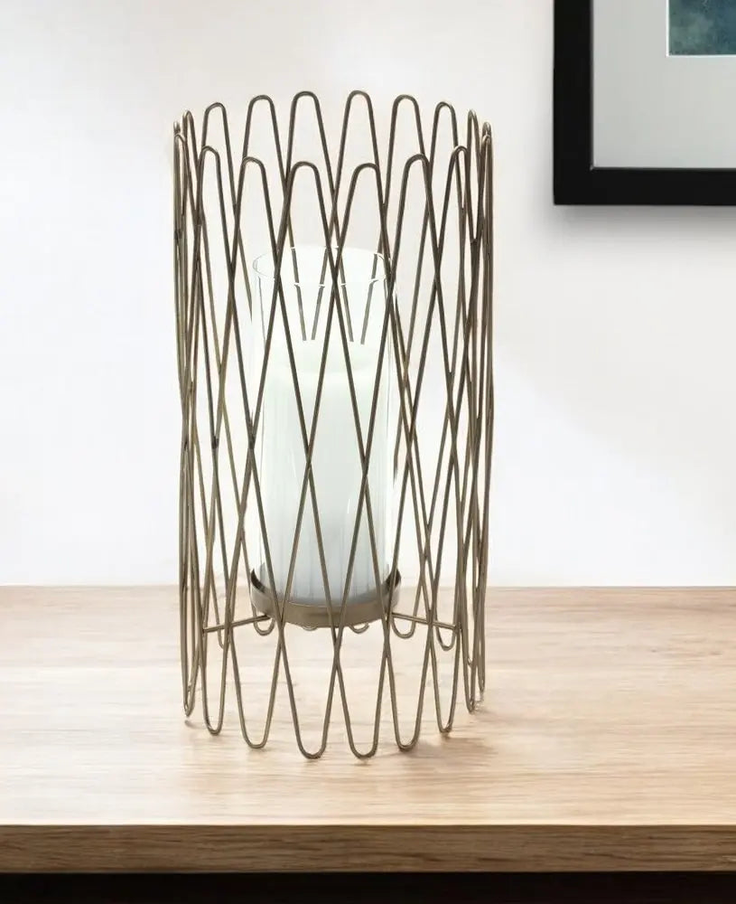 14" Gold Iron and Glass Tabletop Hurricane Candle Holder - NOBLE HOME INTERIORS