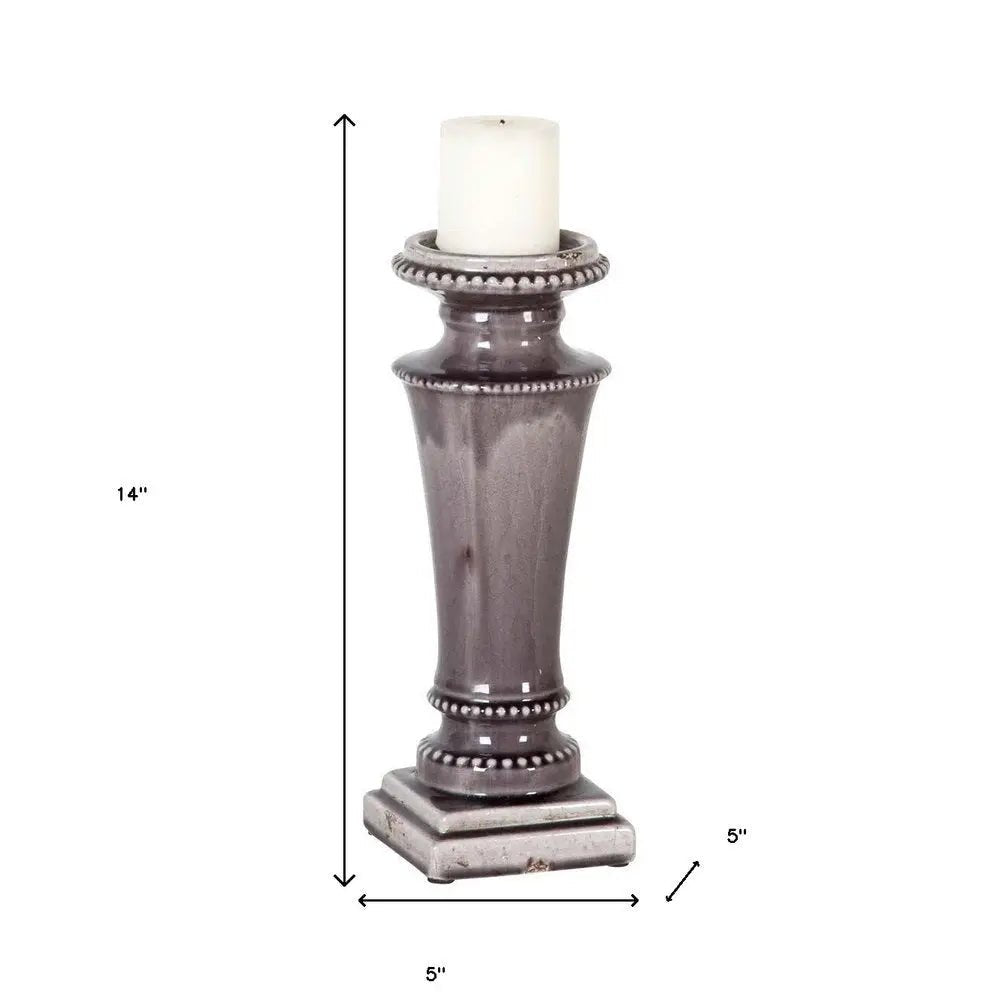 14" Gray Distressed Ornate Ceramic Tabletop Pillar Candle Holder HomeRoots