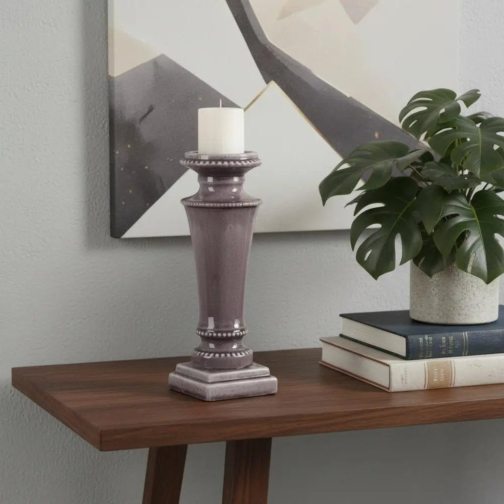 14" Gray Distressed Ornate Ceramic Tabletop Pillar Candle Holder HomeRoots