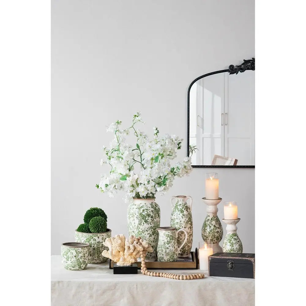 14" Green and White Leaf Amphora Ceramic Table Vase With Does Not Apply - NOBLE HOME INTERIORS